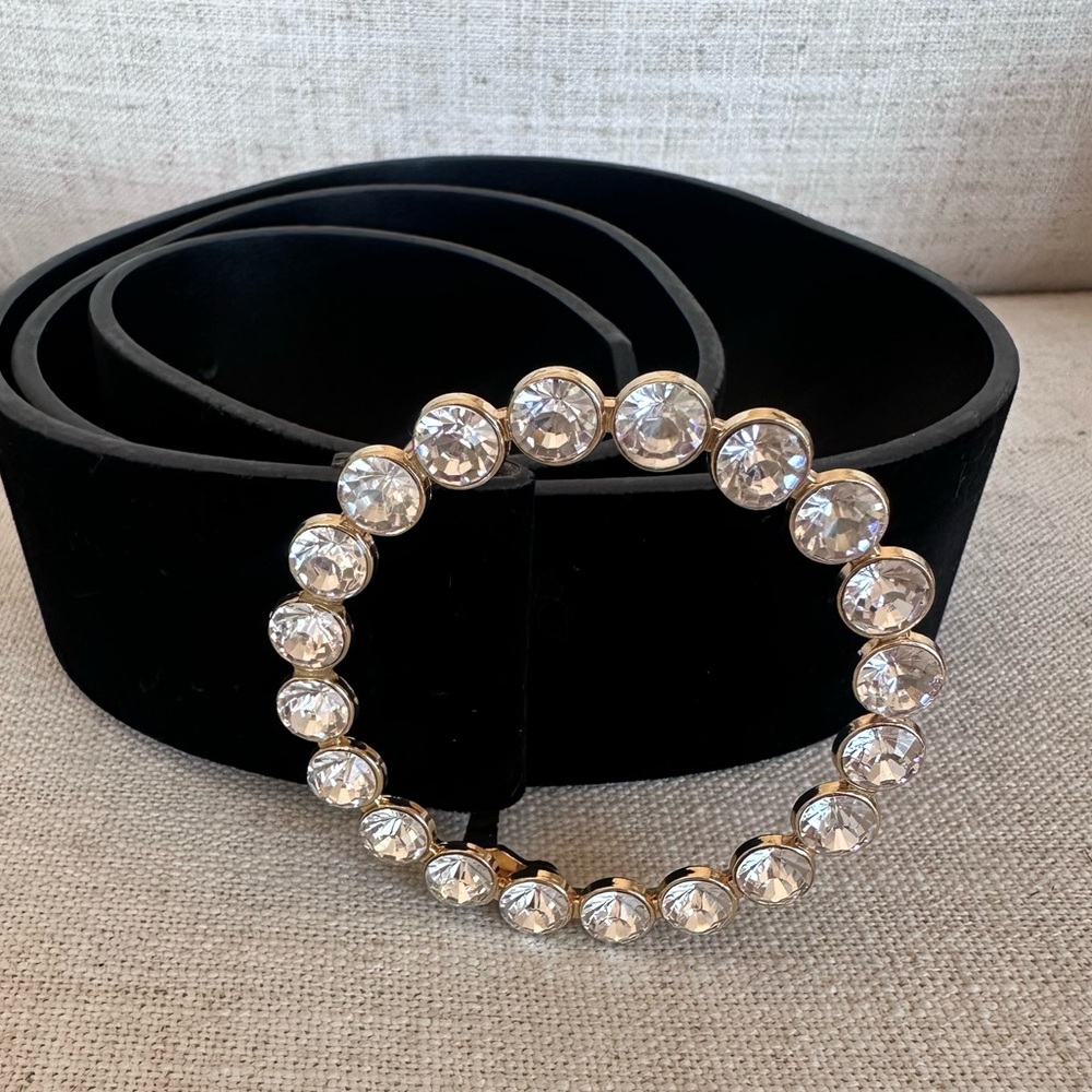 Zara Belt Bejeweled Rhinestone Crystal Gold Black Velvet Belt NWOT 37” - Picture 2 of 6